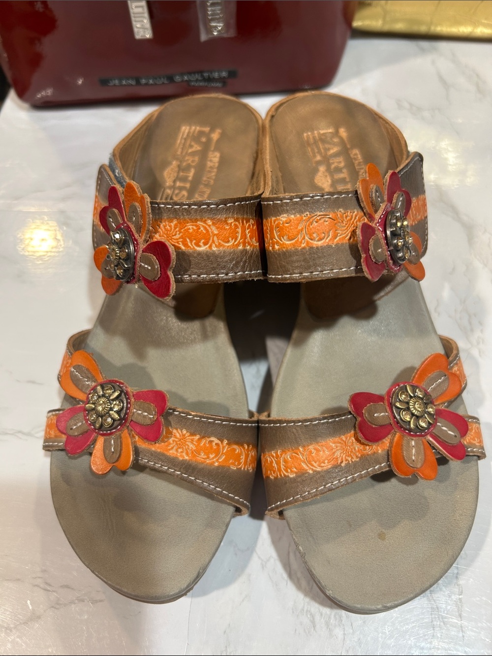 L' artiste Spring Step Brown Slide Sandals with Orange and Pink Floral Accents